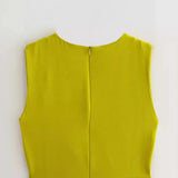 New Spring Style Side Pleated Dress With Long Sleeveless Midi