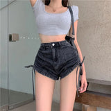 Shorts Jeans Side Drawstring Lacing High Waist Casual Fashion Vintage Self Cultivation Sexy Denim Hot Pants Ladies