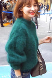 Mohair Thicken Turtleneck Sweater Autumn Winter Sweet Fashion Lantern Sleeve Casual Solid Color Pullover pull