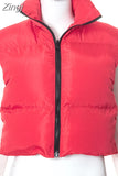 Fashion Autumn Stand Collar Cotton Vests Women Elegant Solid Simple Zipper Coats Women Casual High Waisted Vests