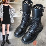 Sales Genuine Leather Hollow Out Short Boots for Women Buckle Round Toe Thiick Heels Pumps Ladies Retro Party
