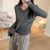 Slim, V-Collar, Straight Shoulder, Long-Sleeved T-Shirt, New Autumn Pleated Blouse, Solid Color Bottomed
