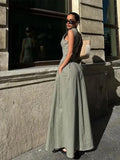 Sleeveless Spliced Zipper V-neck Maxi Dress Fashion High Waist Slim Pleated Long Dresses Summer Office Lady Street
