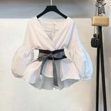 2022 Spring Summer 2 Pcs Suits Women's Striped Bow Lantern Sleeve Blouse + Black Split Flare Sleeve Pants Set