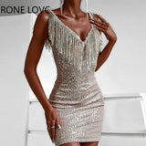 Women Chic Glamorous Deep V Neck Sequin Tassels Mini Bodycon Sexy Party Dancing