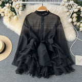 Zingj Chic Blouse Women's Autumn Wear New Lotus Leaf Edge Foreign Style Senior Design Sense Bow Tie Minority