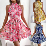 Zingj Hot Style Summer Sleeveless Flower Hanging Neck Waist Dress