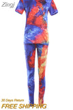 Women Tie Dye Sports Clothing Sets Lady Pullover Short Sleeve O Neck T Shirt Top + High Waist Knee Length
