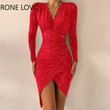Women Deep V Neck Splited Starry Sky Pattern Long Sleeves Wrap Folds Asymmetrical Working Red