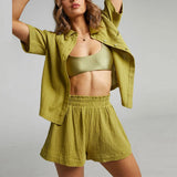 Tracksuits Short Sleeve Shirt With Mini Shorts Cotton And Linen Two Pieces Sets Ladies Outfits Blouses Fashion