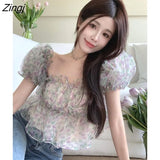 T-shirts Women Chic Summer Tops New Slim Mesh Hotsweet Girls Ruffles French Stylish Vintage Gentle Printed