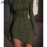 Asymmetrical Slim Mini Dress Women Solid O-Neck Flare Long Sleeve Casual Patchwork Wrap Dress Spring New