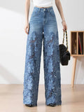 Elegant Jeans For Women High Waist Lace Patchwork Pantalones Hollow Out Denim Trousers Casual Loose All Match Pants