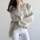 Zingj Early Spring V-Collar Pullover Loose White Bottomed Sweater Woman In Korean Lazy Wind Wearing Black