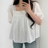 Crochet Square Collar Puff Sleeve BlouseOutfit