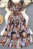 Vintage Women Printed Pleated Long Dress Elegant V-Neck Short Sleeve Ruffle Maxi Vestidos Female Beach Draped Robe