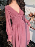 Elegant France Sequin Party Dress Vintage Long Sleeve V-Neck A-Line Robe Women Spring Solid Slim Vestidos