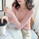 Zingj Autumn And Winter New Style Kengtiao Thin Knitted Blouse Woman V-Collar Slim Solid Color Cover Bottom
