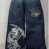 Hip-Hop Skull Printed Jeans For Men And Women High Street Tide Brand Loose Wide-Legged Floor
