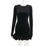 Black Velvet Long Sleeve Puff Trim Bodycon Mini Dress- Outfit