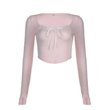 Desire Atmosphere Tie-Up Small Sexy Square Collar Low-Cut Slim Pink Long-Sleeved T-Shirt 2024 Spring / Summer New