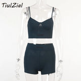 Sport Matching Women Shorts Set Ribbed Knitted Crop Top And Biker Shorts Two Pieces One Suit Booty Shorts Set