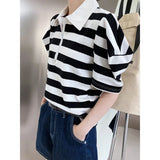 Neck Striped Puff Sleeve Half Zipper T Shirt Black White Color Block Summer Korean Style Short Sleeve Women