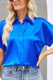 Office Lady Tops Satin Shirt Casual Fashion Women Short Sleeve Loose Blouse Turn Down Collar Button Clothes Elegant