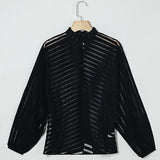 Black Women Mesh Sheer Blouses Ladies Long Sleeve Striped Front Hollow Out Transparent Shirts Blusas Mujer