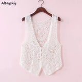 Knitted Vests Women Deep V-neck Slim Single Breasted Hollow Out Sleeveless Outwear Hook Flower Vintage Waistcoats