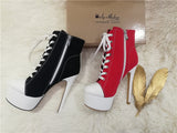 Onlymaker Women's Canvas Platform Lace Up Ankle Boots16cm High Heel Side Zipper Plus Size Fashion Sexy Stiletto