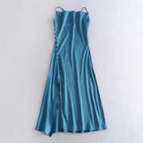 2022 Summer Vintage Women Satin Slip Dress with Slit Black Spaghetti Strap Silk Sexy Long Party