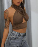 Summer Tank Tops Sexy Solid Color Cross Halter Neck Push Up Hollow Crop Tops 2022 New