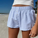 Style Simple Blue Striped Beach Shorts Loose Waist Sports Home Woven Casual