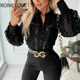 Women Chic Solid Hollow Out Long Lantern Sleeves Button Black Working Blouse