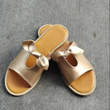 Large Summer Women's Flat-Bottomed Slippers Bow Decorated With Wide Strip Slippers Solid Flat