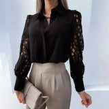 Casual Lace Patchwork Shirt Top For Women Spring Long Sleeve White Shirts Woman Elegant Hollow Out Button Blouses