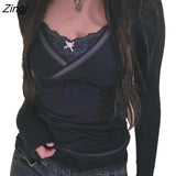 Womens Crop Tops Fashion Solid Color Long Sleeve Lace Patchwork V Neck T-Shirts Spring Autumn