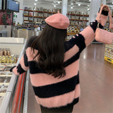Zingj Mink Wool Coat Female Autumn Dong New Style Gentleness Department Loose Lazy Wind Stripe Knit Vintage Jacket