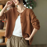 Zingj 2024 New Art Retro Cotton Thread Knit Cardigan Female Round Collar Long Sleeve Coat Fashion Casual Outside-Outfit