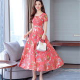 fashion floral dress waist long short sleeve a word casual