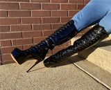 Onlymaker Women's Round Toe Stiletto Platform Zipper Knee High Boots16CM High Heel Pattern Lace Up Plus Size Boots For