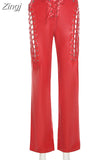 Women Lace Up PU Leather Pants Leggings Hollow Out High Waist Punk Trousers Drawstring Bandage Cut Out Tights