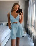 Summer V Neck Strap Crop Top + High Waist Shorts Women's Solid Color