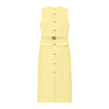 New With Belt Cuffless Sleeveless Fande Dress