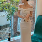 New Dress For Women Elegant Midi Bodycon Off Should Solid One Piece Slim Clothing Femme Fashion Party