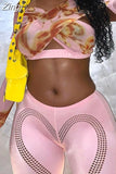 Pink Printed Chic Skinny Bandage Full-Sleeve Patchwork Short Tops&Sweet Hollow Mid-Waist Slim Yoga High Street