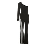 Zingj 2023 New Women's Fashion One Shoulder Long Sleeve Sexy Mesh Stitching Micro La Jumpsuit