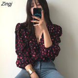 Women Vintage Printed V-neck Sexy Korean Style Top Sweet Lantern Sleeve Retro Chic All-match Spring Autumn Single