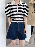 Neck Striped Puff Sleeve Half Zipper T Shirt Black White Color Block Summer Korean Style Short Sleeve Women